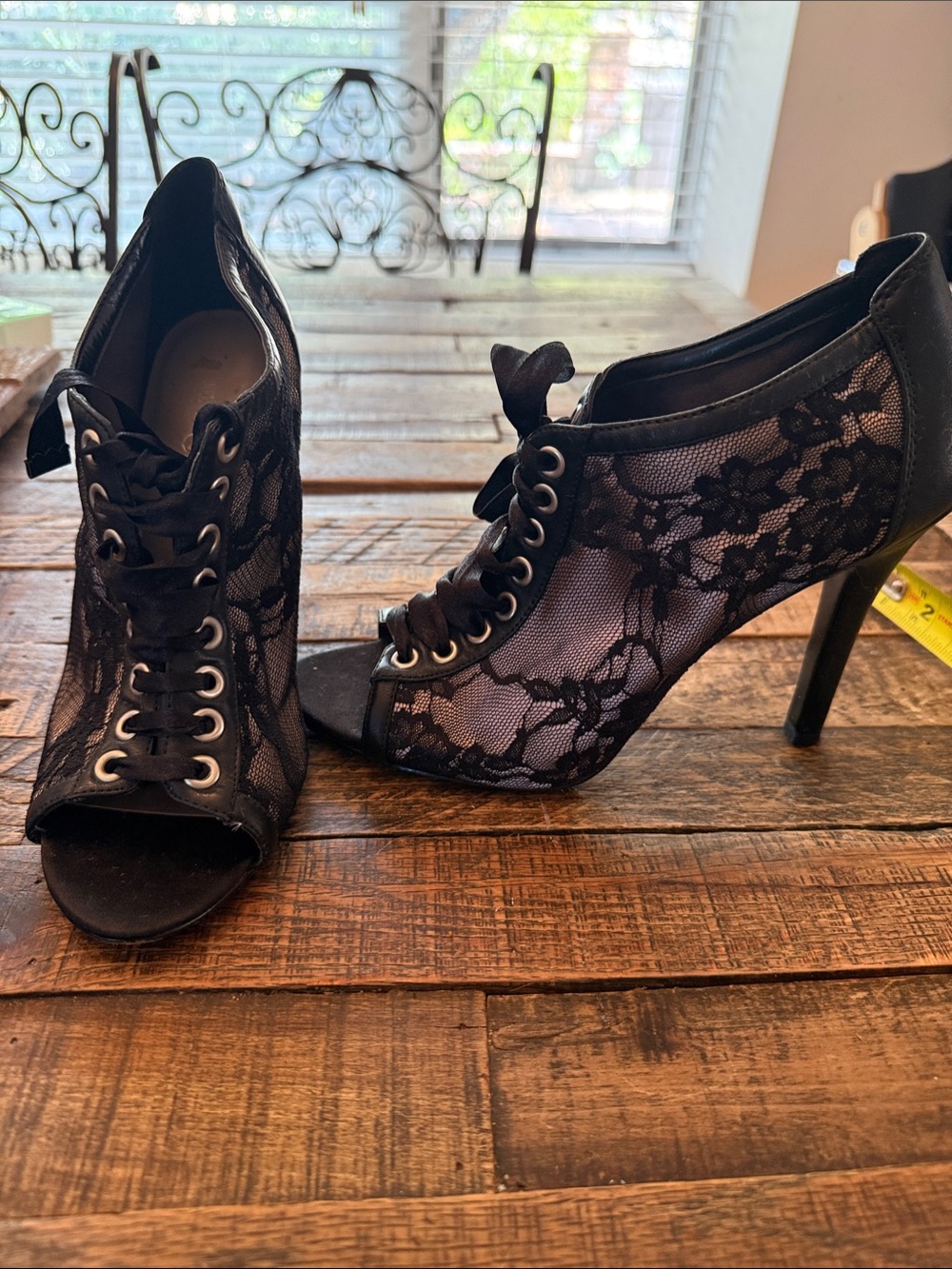 Nine & Co. Black Lace Peep-Toe Stiletto Booties